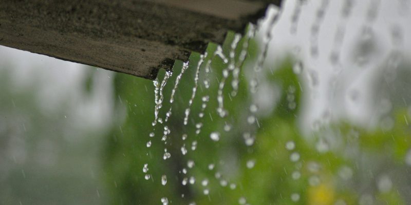 Rain gutter with water running down it during fall rain on a San Antonio home