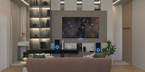 Modern media room with large wall-mounted screen in a San Antonio home remodel