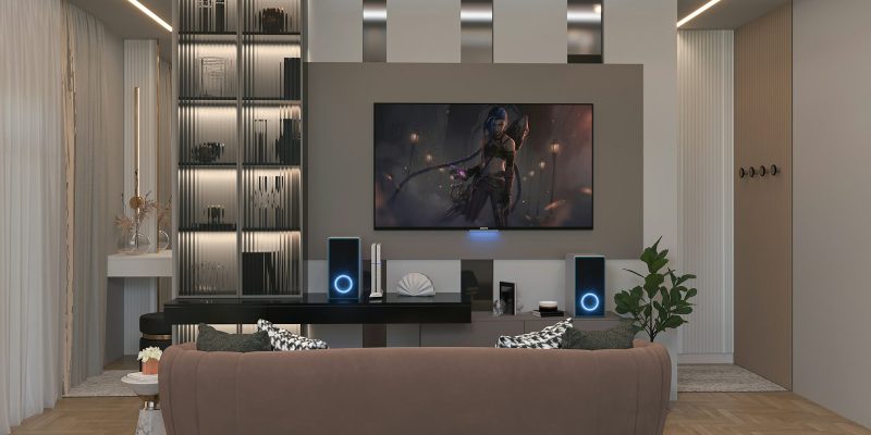 Modern media room with large wall-mounted screen in a San Antonio home remodel